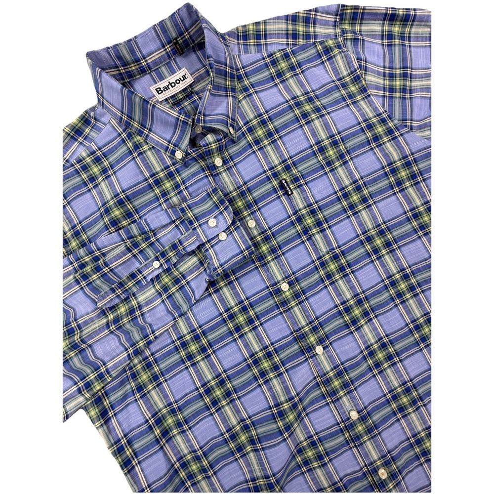 Barbour Button Down Shirt Mens XL Blue Green Plaid Tailored Fit Long Sleeve